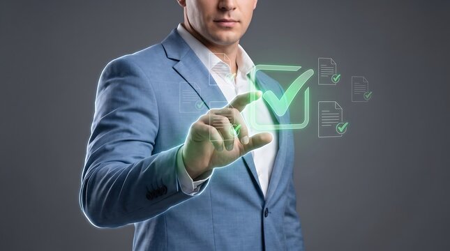 Businessman in a light blue suit touching a holographic interface with approval checkmark and document icons