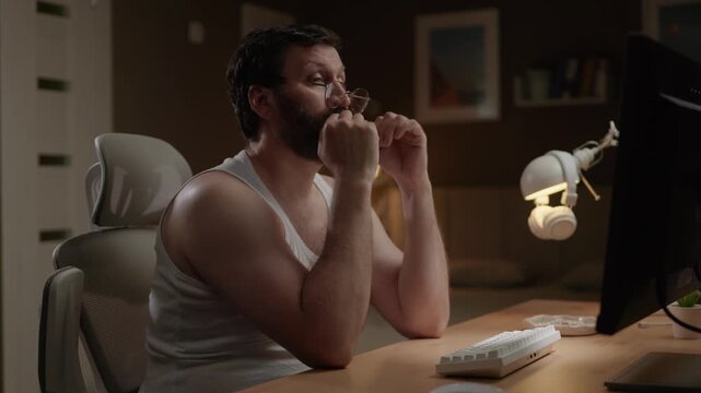 Tired real freelancer. Burnout man in home office at night. Stress burnout deadline concept