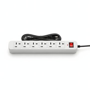 White power strip with six outlets and red switch, electrical extension cord for home office, surge protector with black cable on white background