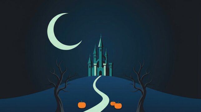 Stylized nighttime illustration of a mosque with a crescent moon and glowing pathway