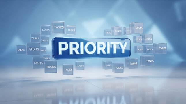 A central blue priority sign surrounded by many floating glossy cubes labeled tasks representing project management and work organization
