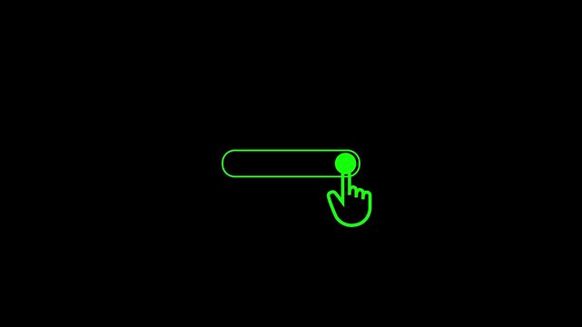 Animated hand cursor clicking toggle switch button turning on, color change animation on dark glowing green and light red background, user interface element concept