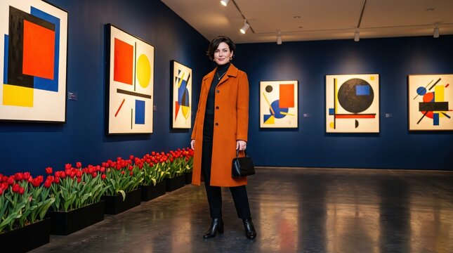 Woman in orange coat standing in modern art gallery with geometric abstract paintings and row of red tulips, indoor exhibition setting and contemplative visitor pose