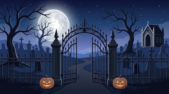 Spooky graveyard gate illuminated by a full moon on a dark halloween night