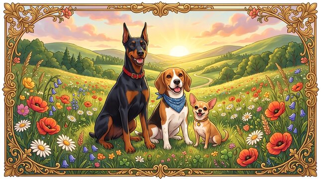 Three dogs sitting in a sunny wildflower meadow with a decorative vintage gold frame