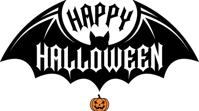 Happy halloween design with bat wings and a jackolantern in black and white