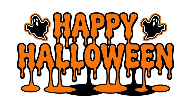 Happy halloween text design with orange dripping slime letters and cute ghost illustrations on a white background
