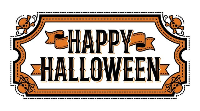 Vintage style happy halloween sign with decorative orange frame and rustic typography isolated on a white background