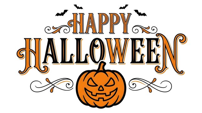 Vintage style happy halloween typography design with a spooky carved jack o lantern pumpkin and decorative flourishes