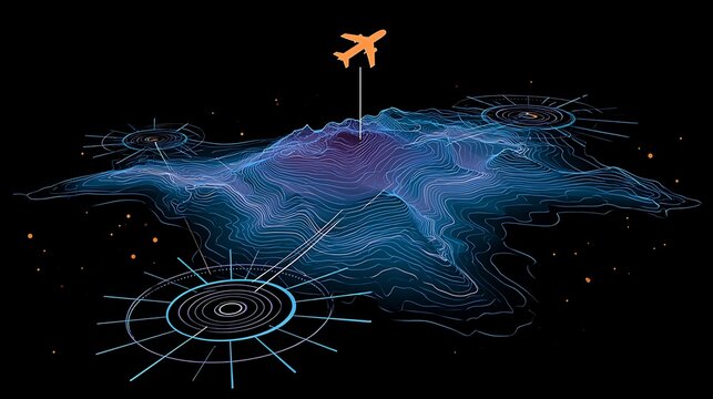 Geospatial flight monitoring interface, vibrant contour lines, aircraft icons, and data paths