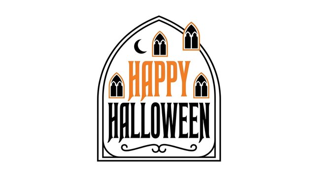 Vintage style happy halloween typography design with gothic arch frame and spooky decorative elements on white background