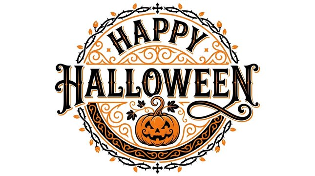 Vintage happy halloween typographic design with pumpkin and ornate decorative elements