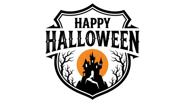 Happy halloween festive design with spooky castle silhouette and full moon backdrop