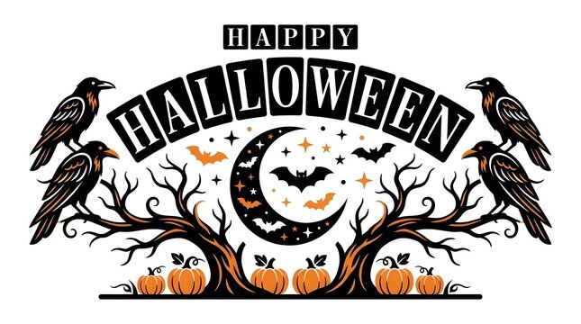 Vintage halloween illustration with spooky trees pumpkins bats ravens and crescent moon