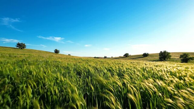 Scenic view of lush green tallgrass prairie blowing in the wind with distant rolling hills and scattered trees under a bright blue sky