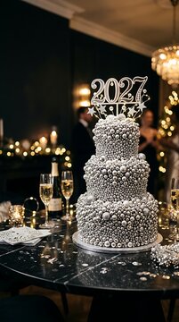 Silver 2027 New Year cake topper. Festive celebration dessert for holiday party event.