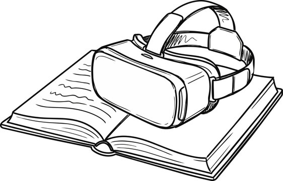 Line art illustration of VR headset resting on open book for digital learning concept