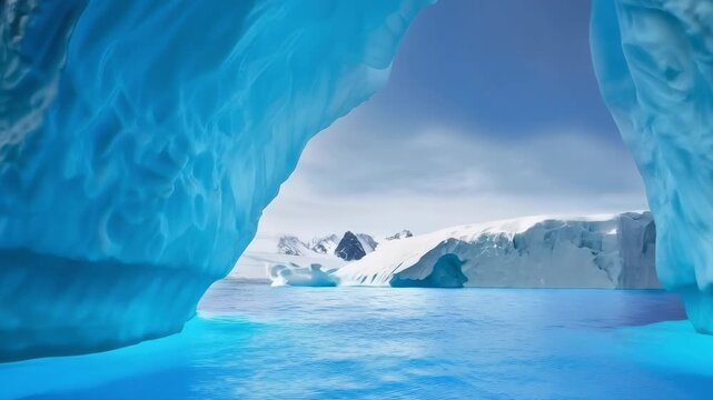 Iceberg Arch Over Blue Polar Ocean Beneath Glacier Ice Cave and Cloudy Sky