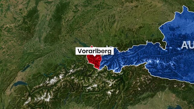 Animated map clip highlighting the Vorarlberg region within Austria video footage