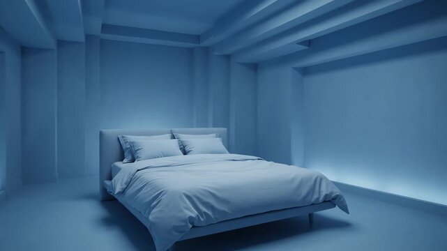 Surreal blue bedroom with forced perspective architectural lines and minimalist double bed under soft lighting with slow tracking motion