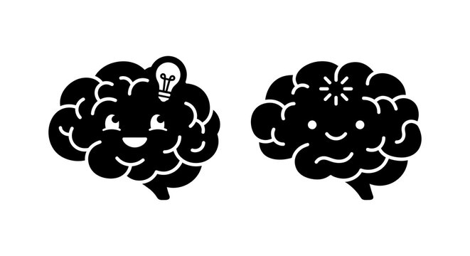 Two black brain silhouettes one with a lightbulb represent thought and creativity