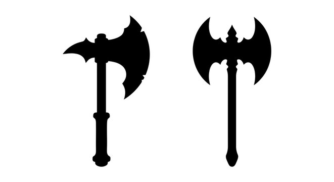 Two black silhouette battle axes stand against a plain white background battle axe