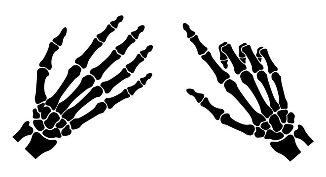 Two skeletal hands display opposing gestures a black silhouette on a white background