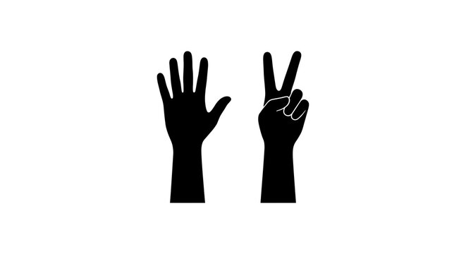 Two human hands in silhouette one open palm and one victory sign against white