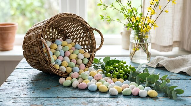 Pastel Easter eggs spilling from basket on blue wood.