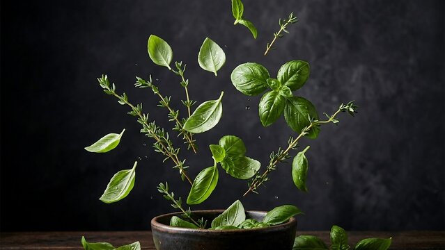Fresh basil and thyme herbs flying in mid-air
