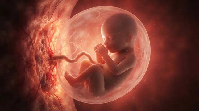 Fetus inside amniotic sac in womb illustration illustration
