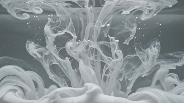 White powder cloud gently dissolving in clear still water with mesmerizing slow motion movement creating subtle graphic fluid textures
