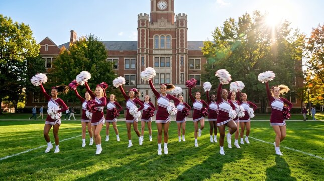 College cheerleading squad performing on campus lawn in maroon and white uniforms with pom poms in front of clock tower during sunny afternoon