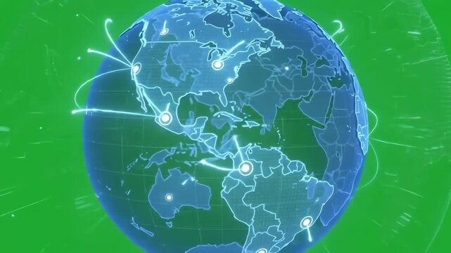 A stylized digital world map animation with rotating globe and glowing borders against a chroma key green screen background