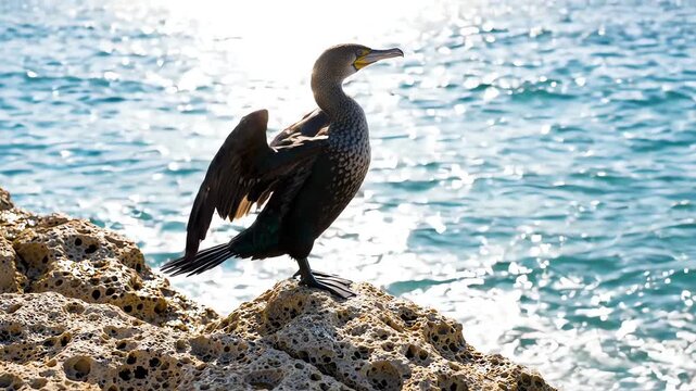 A Socotra cormorant with dark plumage stands elegantly on a jagged limestone rock while gentle blue ocean waves ripple in the sunlit background