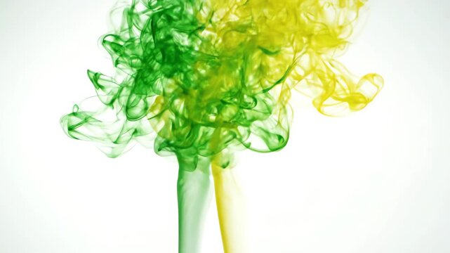 Abstract green and yellow smoke plumes swirling gracefully against a clean white background in a minimalist aesthetic