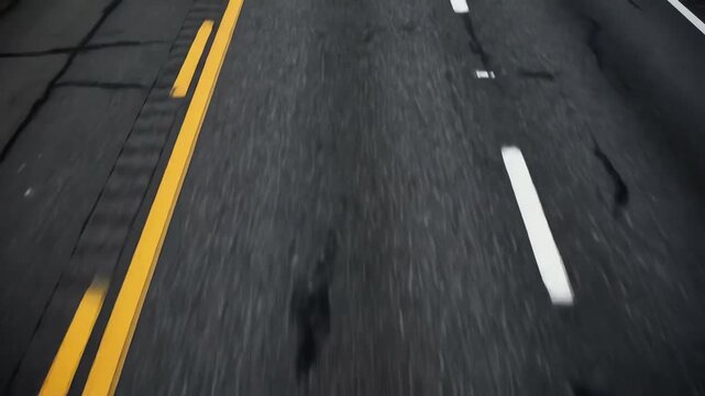 Abstract high speed overhead view of yellow and white dashed lines on a dark asphalt interstate highway surface moving forward in a seamless loop