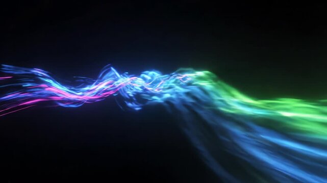 Abstract modern neon light wave flowing through dark black space with dynamic motion blur and vibrant glowing trails