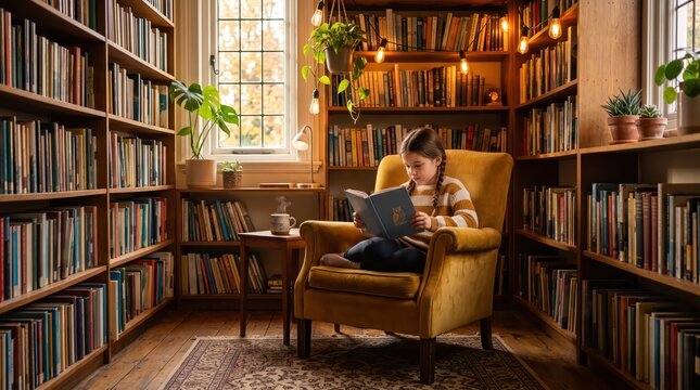 Young girl reading book in cozy home library armchair surrounded by wooden bookshelves and warm natural light