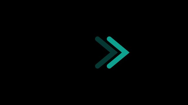 Animated glowing arrows forward motion loop, neon green cyan and white triple chevron directional arrow pointing right on dark background, motion graphic element