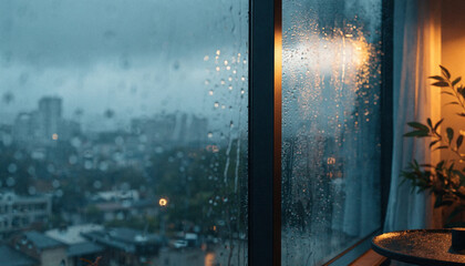 Naklejka premium Atmospheric Monsoon Rainy Window Background with Copy Space