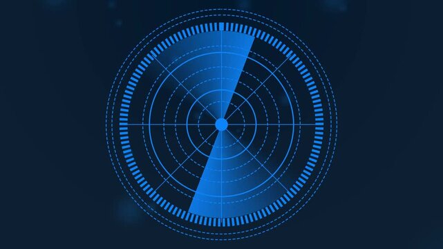 Animated HUD radar screen sonar sweep loop, rotating radar line scanner on dark background with cyan green yellow blue white glowing display, sci tech concept