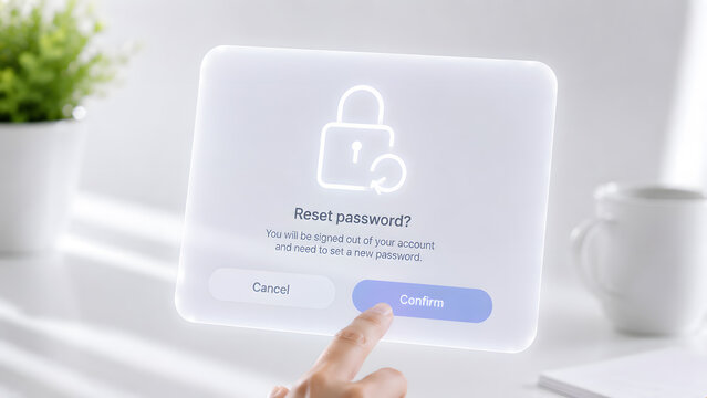 Digital password reset confirmation interface with hand pressing a confirm button, for account recovery, authentication, access management, cybersecurity, and identity protection
