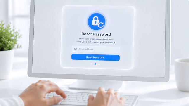 Digital password reset confirmation screen with lock icon and email notification, for account recovery, authentication, cybersecurity, privacy, and user access