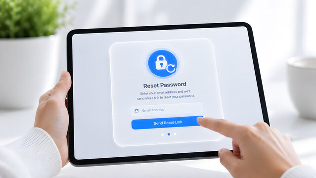 Hands using a tablet with a floating password reset interface, for account recovery, authentication, credential management, cybersecurity, privacy protection, and access