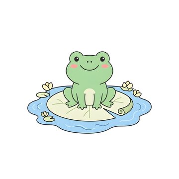 An adorable green frog character sitting contentedly on a lily pad floating in a small pond, with a happy expression.