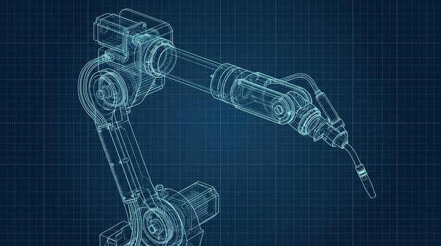 Industrial robotic welding arm blueprint illustration