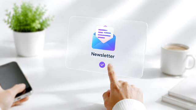 Hand touching digital newsletter email icon on a transparent interface over a modern office desk. Concept of email marketing, online subscription, digital communication, and business updates.