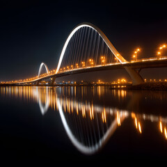Naklejka premium Illuminated steel arch bridge at night with long exposure reflection on calm river
