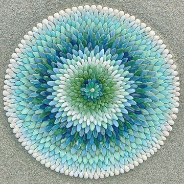 Beautiful handcrafted circular mandala mosaic artwork made from graded shades of blue sea glass pieces and small natural scallop shells placed on clean fine beach sand